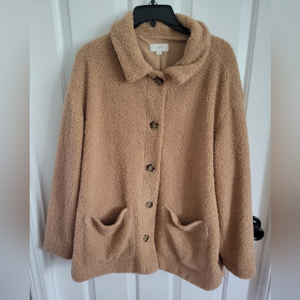 LOFT Women's Tan Teddy Bear Sherpa Fleece Button-Up Jacket Size Large